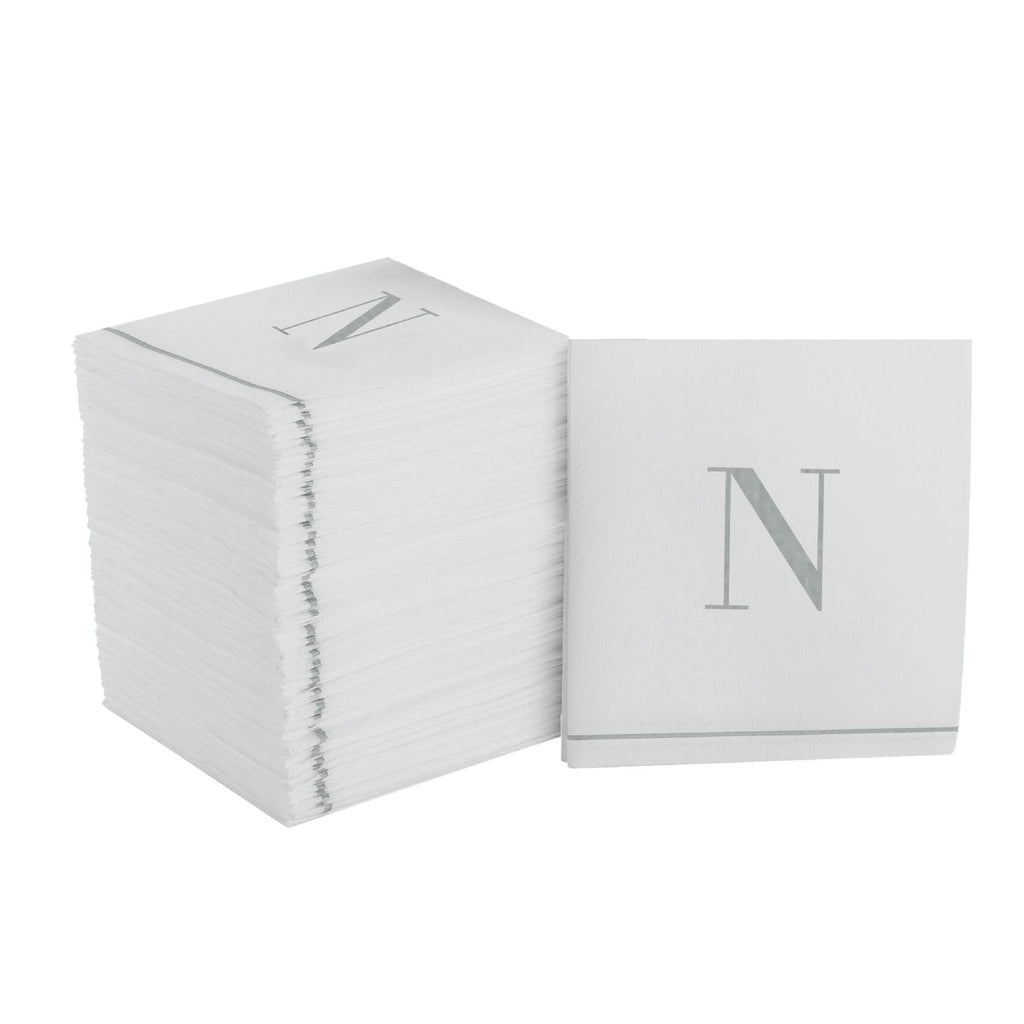 Luxe Party NYC Napkins 16 Cocktail Napkins - 5" x 5" Letter N Silver Monogram Cocktail Paper Disposable Napkins | 16 Napkins