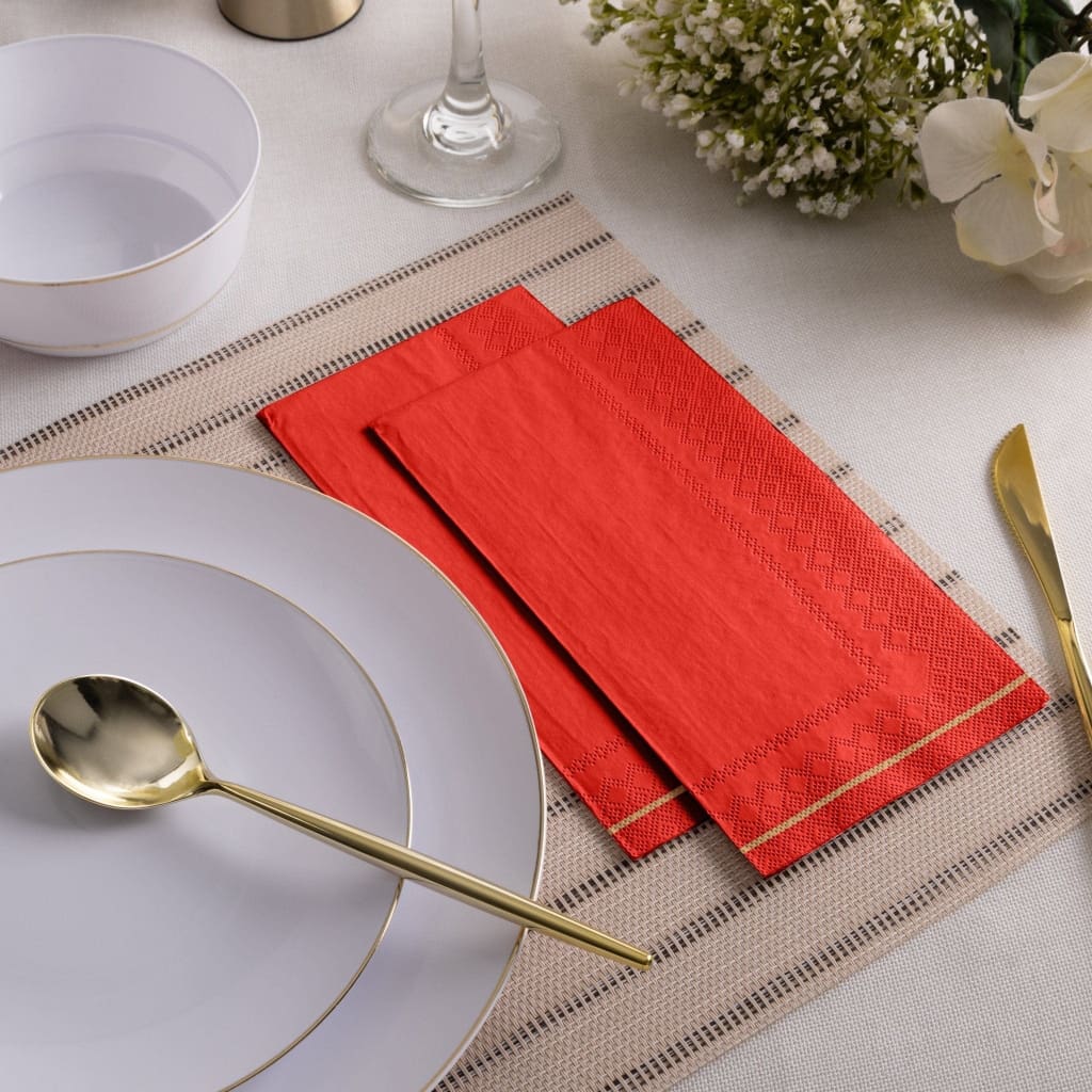 Luxe Party NYC Napkins 16 Dinner Napkins - 4.25" x 7.75" Red with Gold Stripe Paper Napkins - 3 available sizes