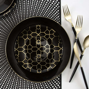 Round Accent Pattern Plastic Plates Round Black • Gold Pattern Plastic Plates | 10 Pack