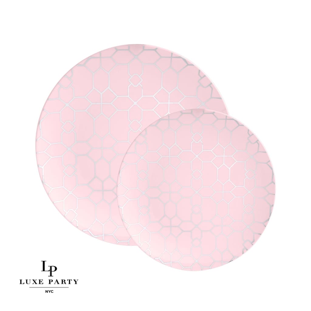 Round Accent Pattern Plastic Plates Round Blush • Silver Pattern Plastic Plates | 10 Pack