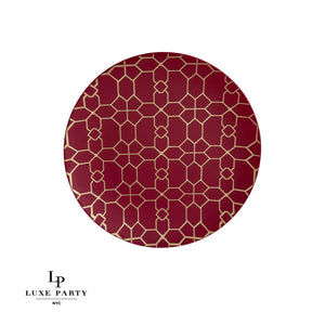 Round Accent Pattern Plastic Plates Round Cranberry • Gold Pattern Plastic Plates | 10 Pack